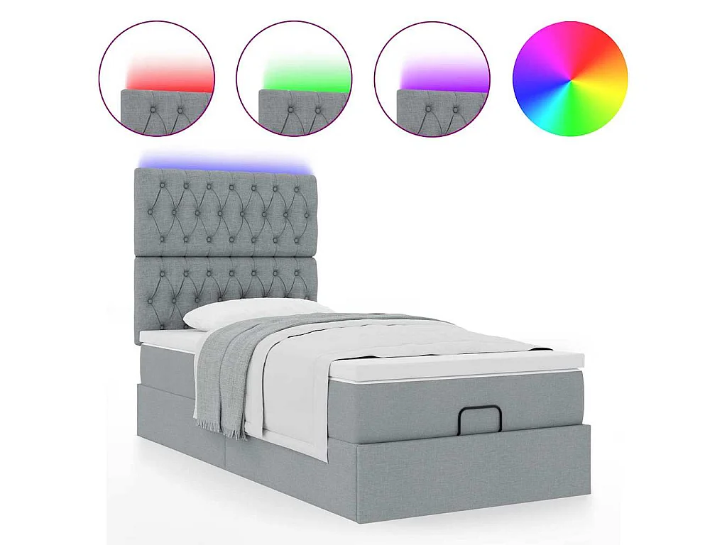 Cama otomana con colchón y LED tela gris claro 90x200 cm