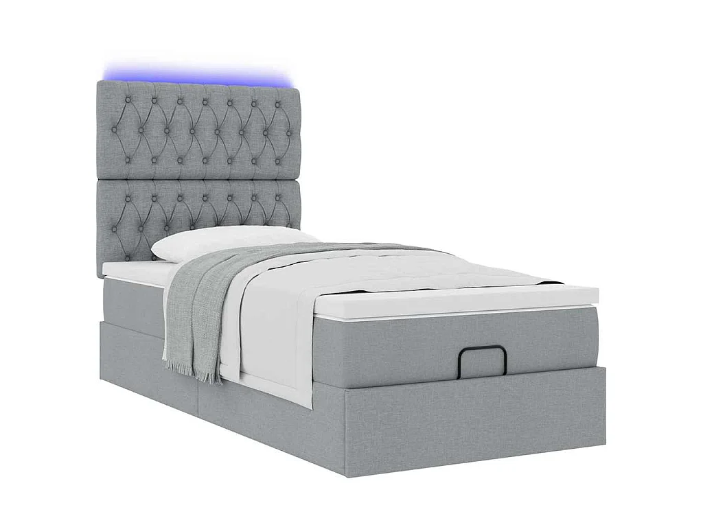 Cama otomana con colchón y LED tela gris claro 90x200 cm