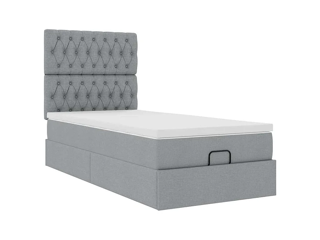 Cama otomana con colchón y LED tela gris claro 90x200 cm
