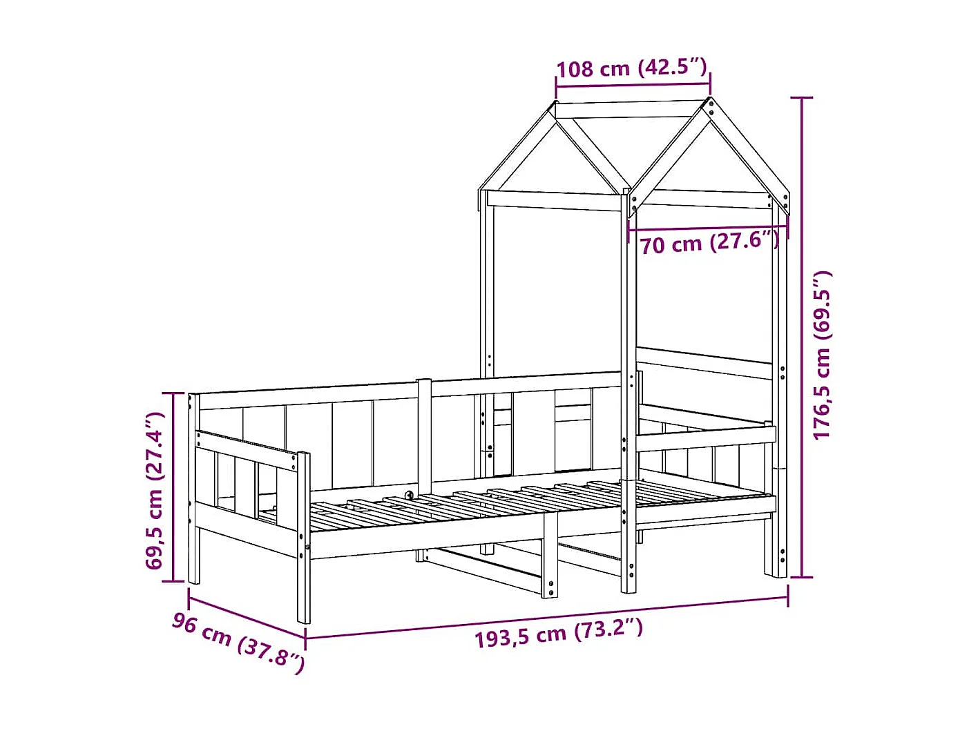 Dormeuse con Tetto 90x190 cm in Legno Massello di Pino