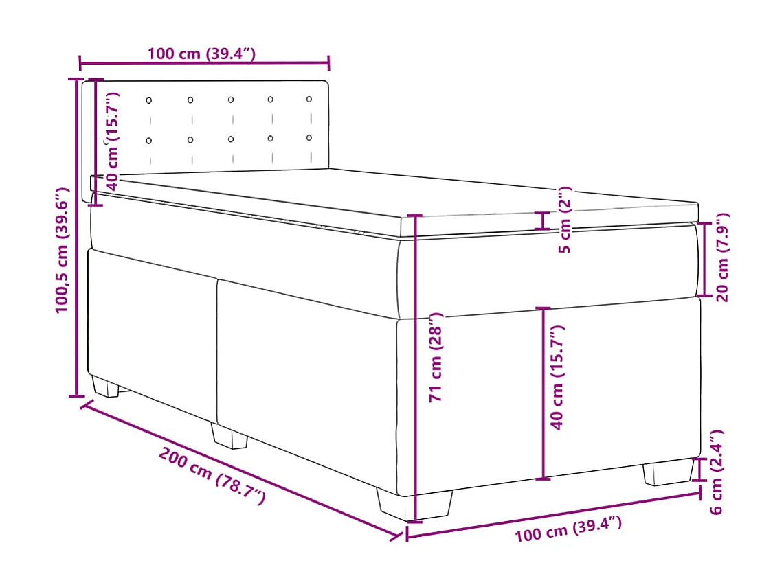 Cama box spring con colchón tela gris oscuro 100x200 cm