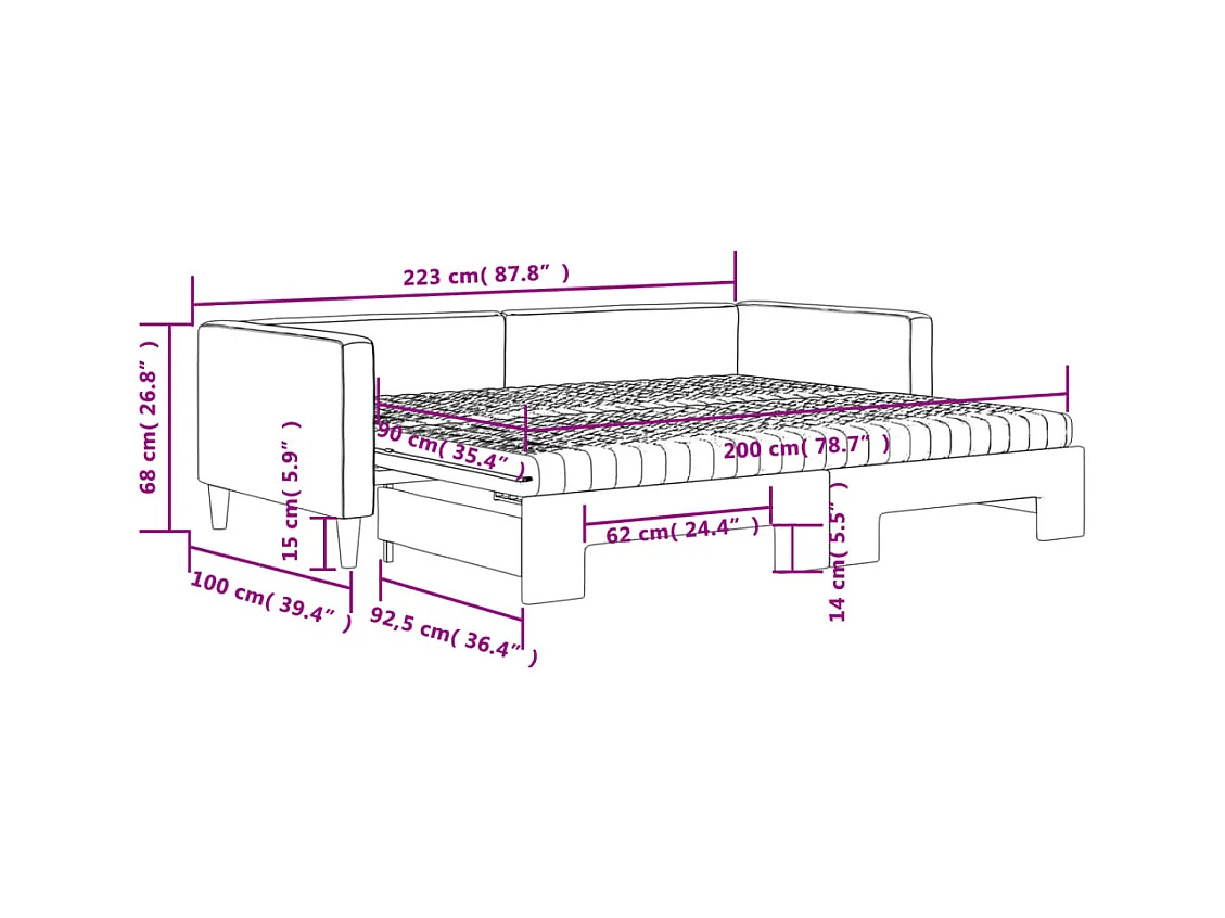 Lit de jour avec gigogne et matelas taupe 90x200 cm tissu
