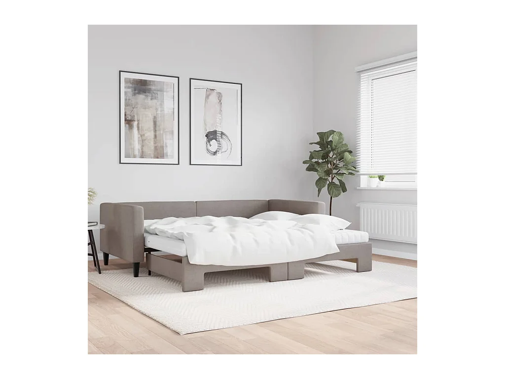 Slaapbank met onderschuifbed en matrassen 90x200 cm stof taupe