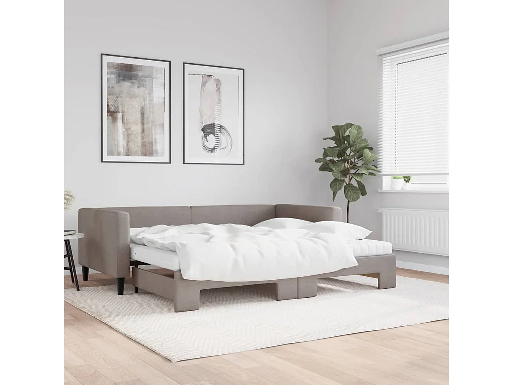 Slaapbank met onderschuifbed en matrassen 90x200 cm stof taupe
