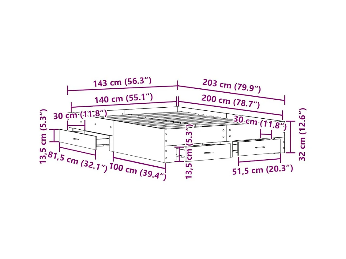 Bettgestell mit Schubladen Artisan-Eiche 140 x 200 cm