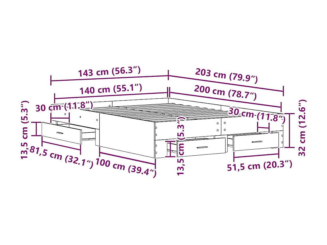 Bedframe met lade Artisan Eiken 140 x 200 cm Bewerkt hout