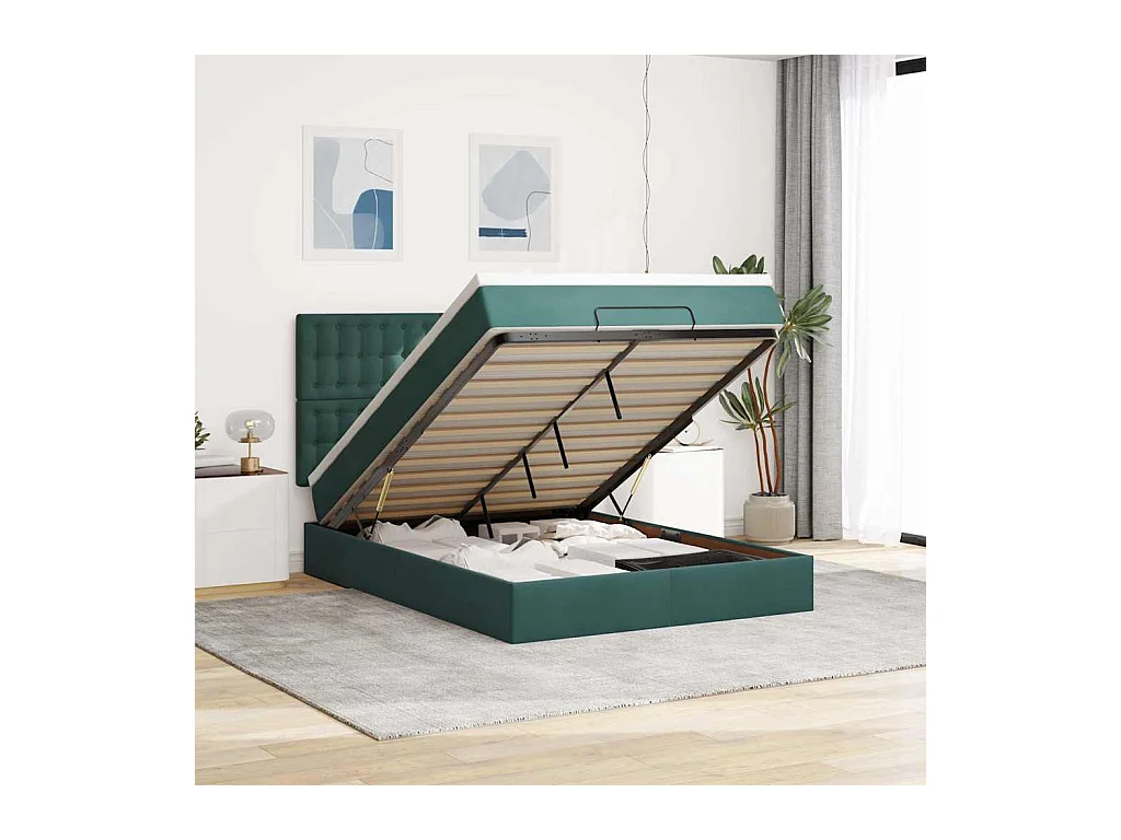 Cadre de lit ottoman avec matelas vert foncé 140x200 cm velours