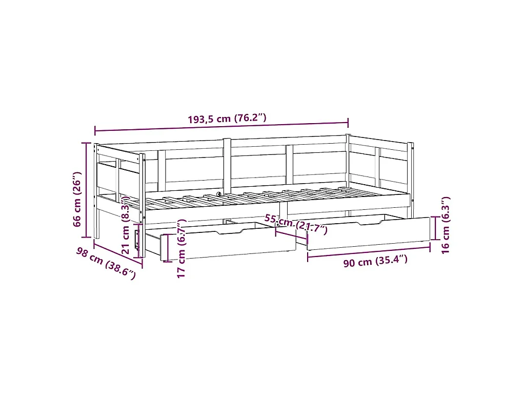 Slaapbank met lades 90x190 cm massief grenenhout