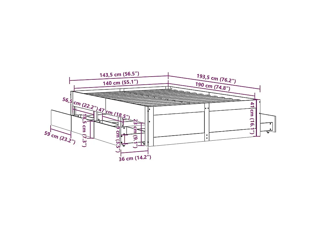 Cadre de lit sans matelas avec tiroirs 140x190 cm bois de pin