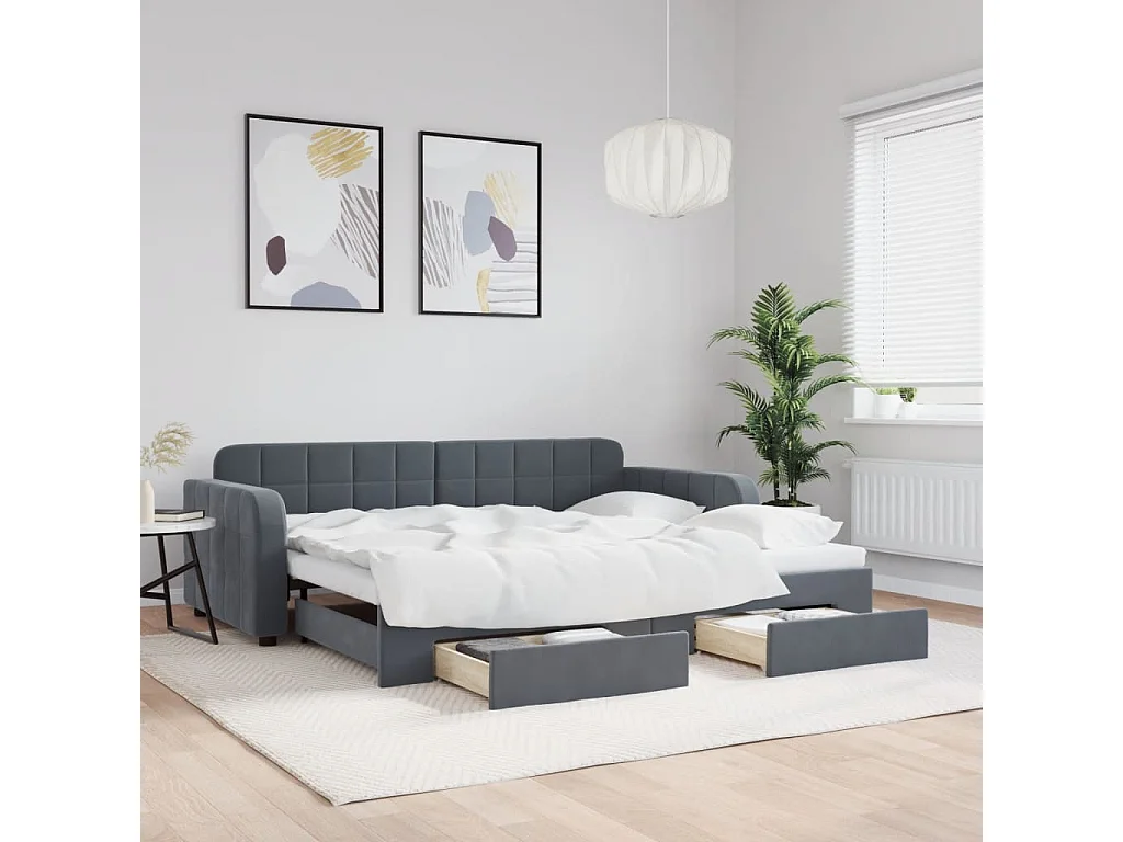Slaapbank onderschuifbed en lades 90x190 cm fluweel donkergrijs