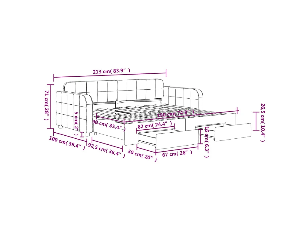 Slaapbank onderschuifbed en lades 90x190 cm fluweel donkergrijs