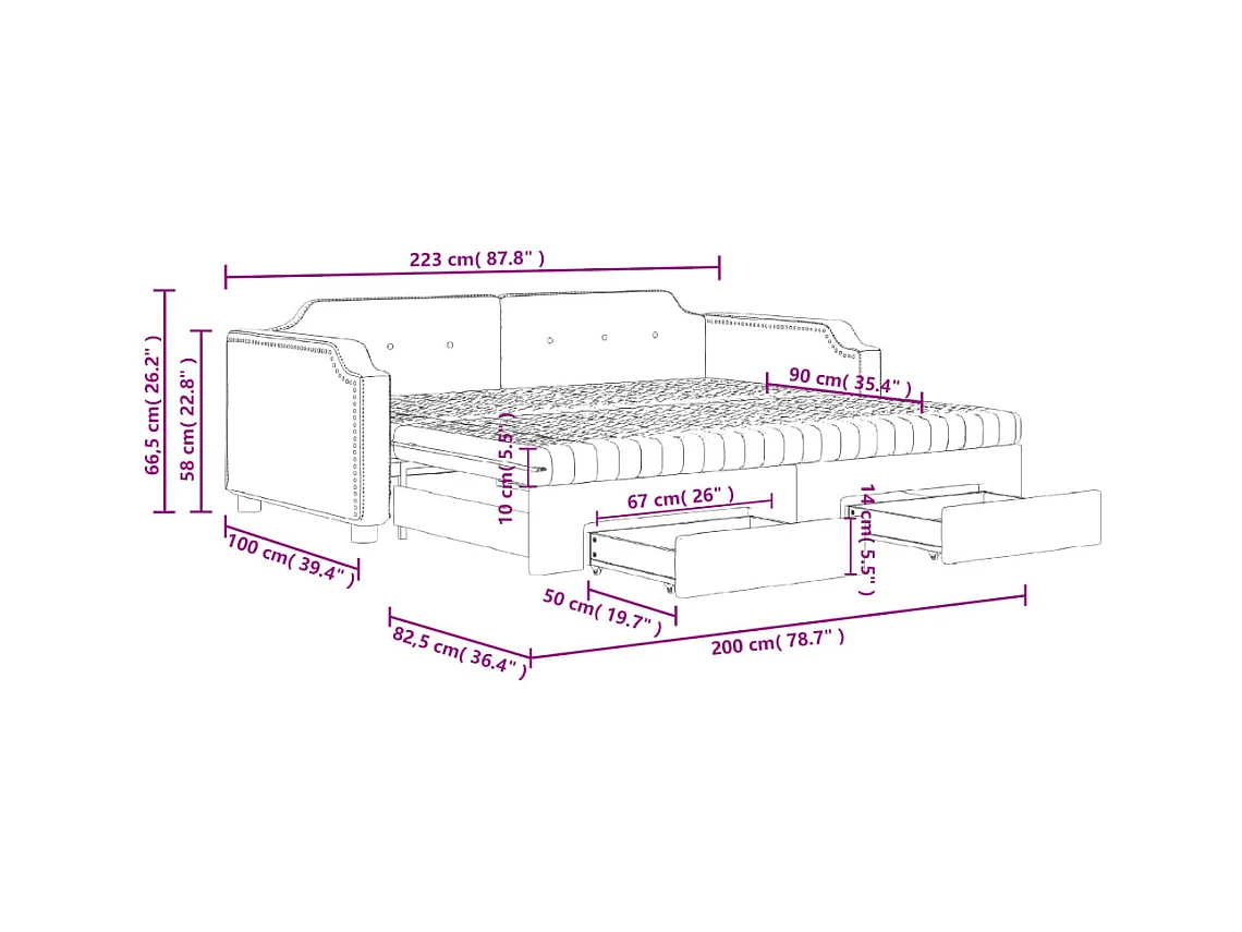 Lit de jour avec gigogne et tiroirs taupe 90x200 cm tissu