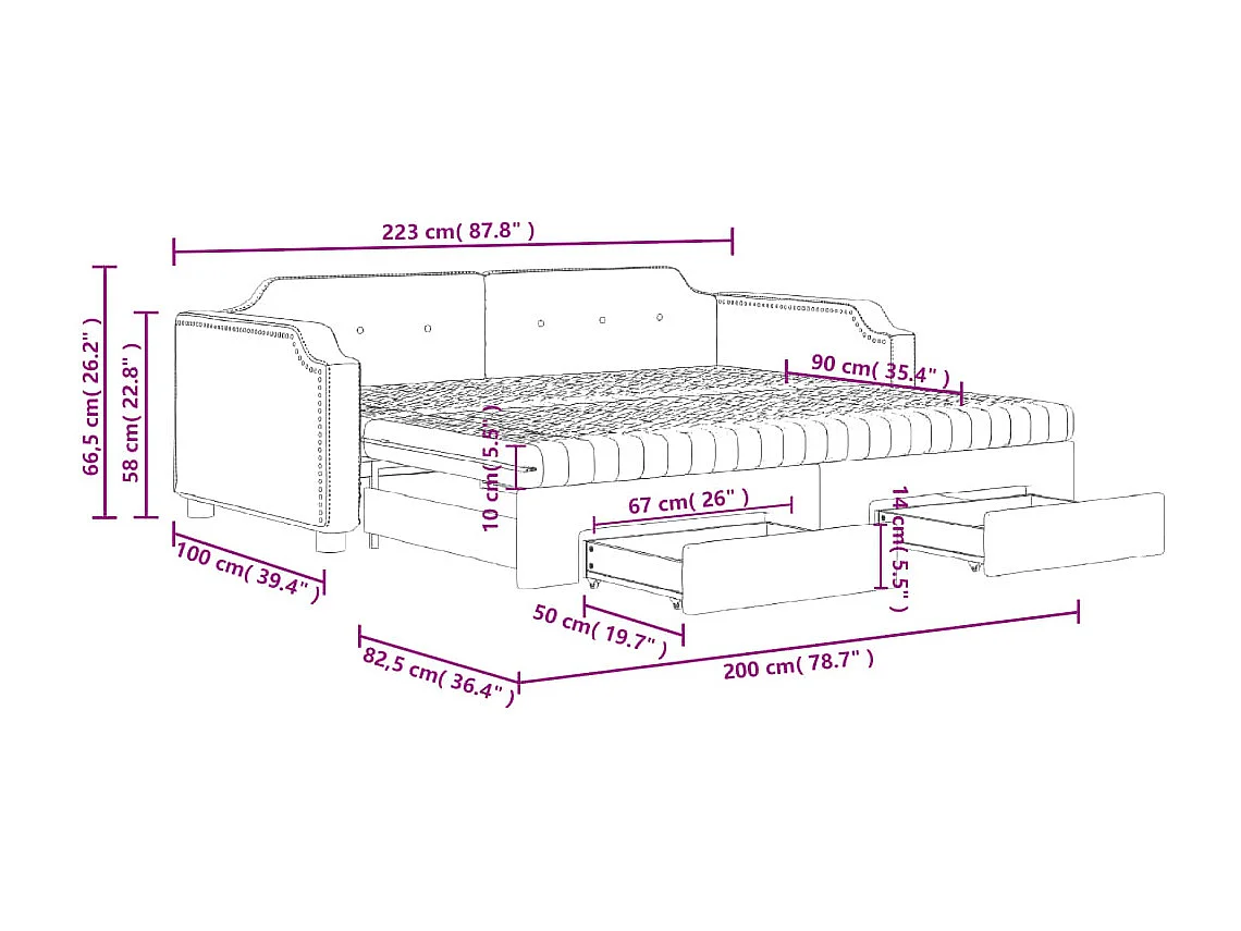 Lit de jour avec gigogne et tiroirs taupe 90x200 cm tissu