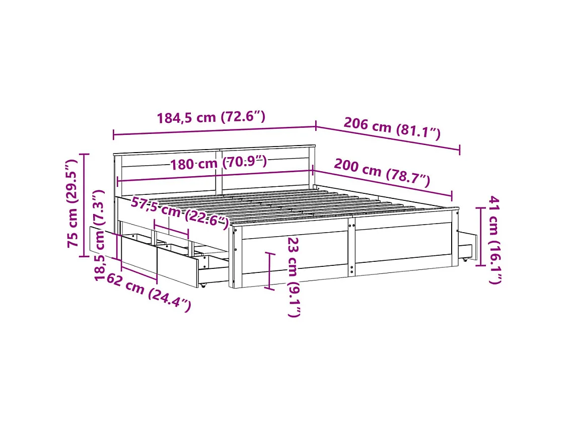 Cadre de lit sans matelas avec tête de lit 180x200 cm bois pin