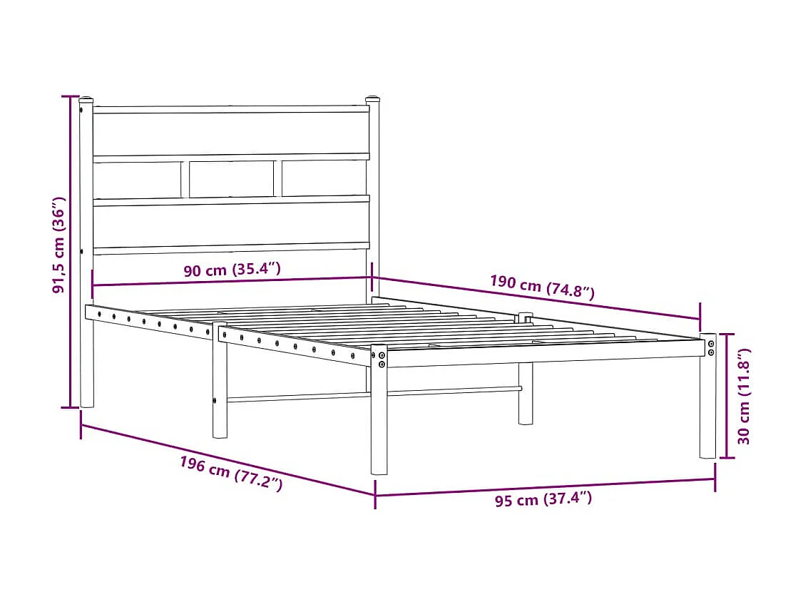 Cadre de lit en métal sans matelas chêne fumé 90x190 cm