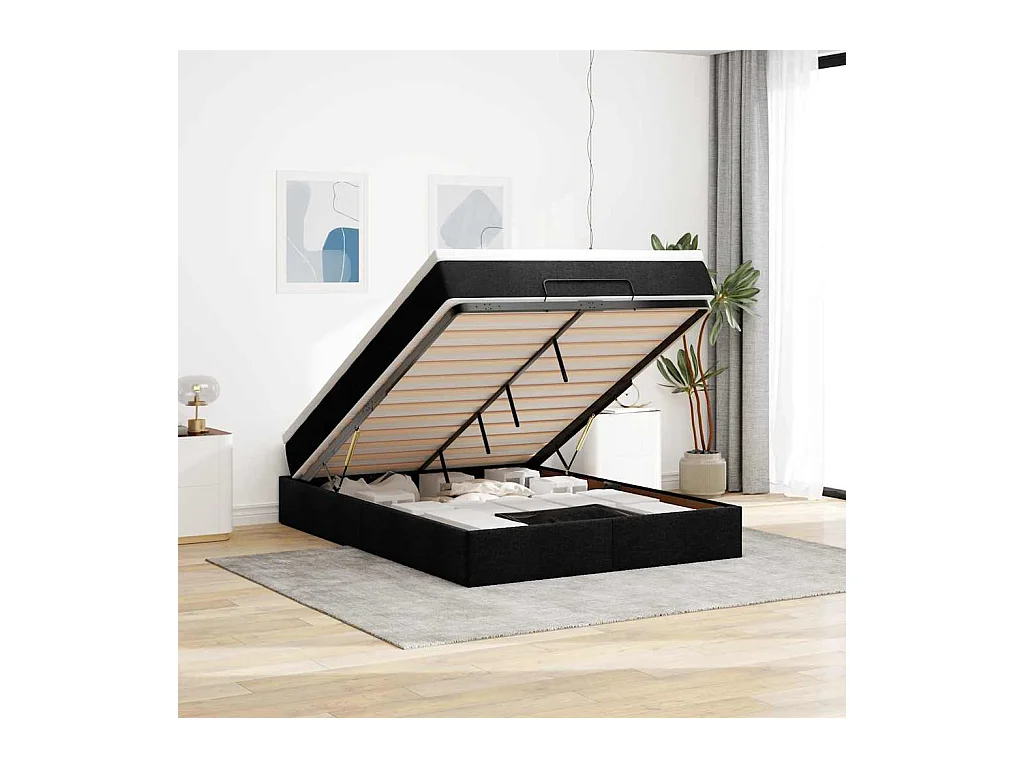 Cadre de lit ottoman avec matelas noir 140x200 cm tissu