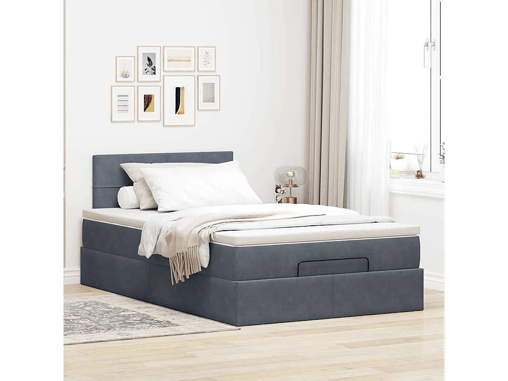 Cama otomana con colchón y LED terciopelo gris oscuro 120x190cm