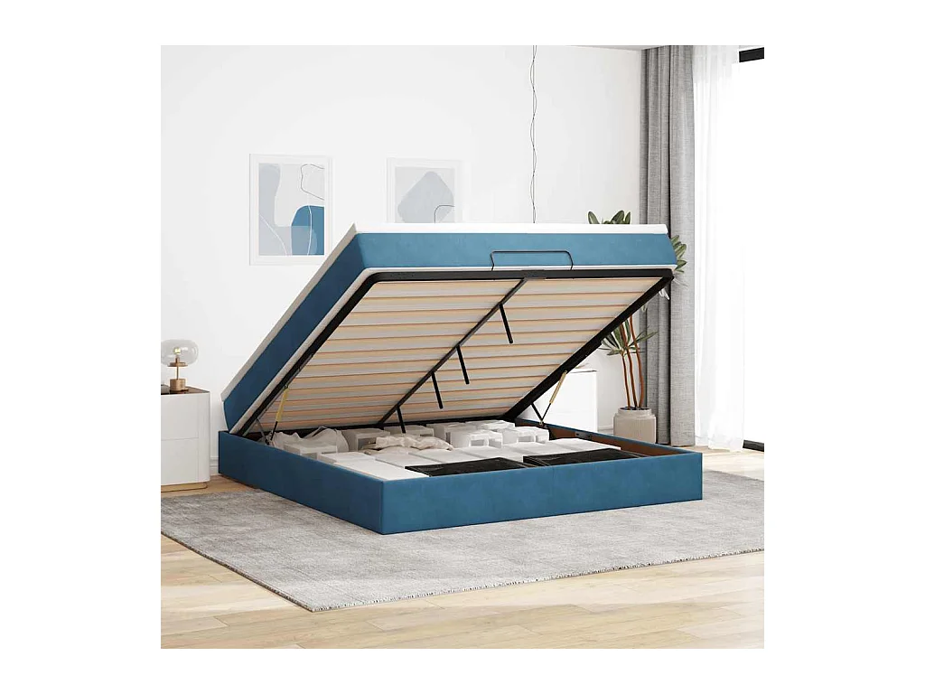 Cadre de lit ottoman avec matelas bleu foncé 160x200 cm velours