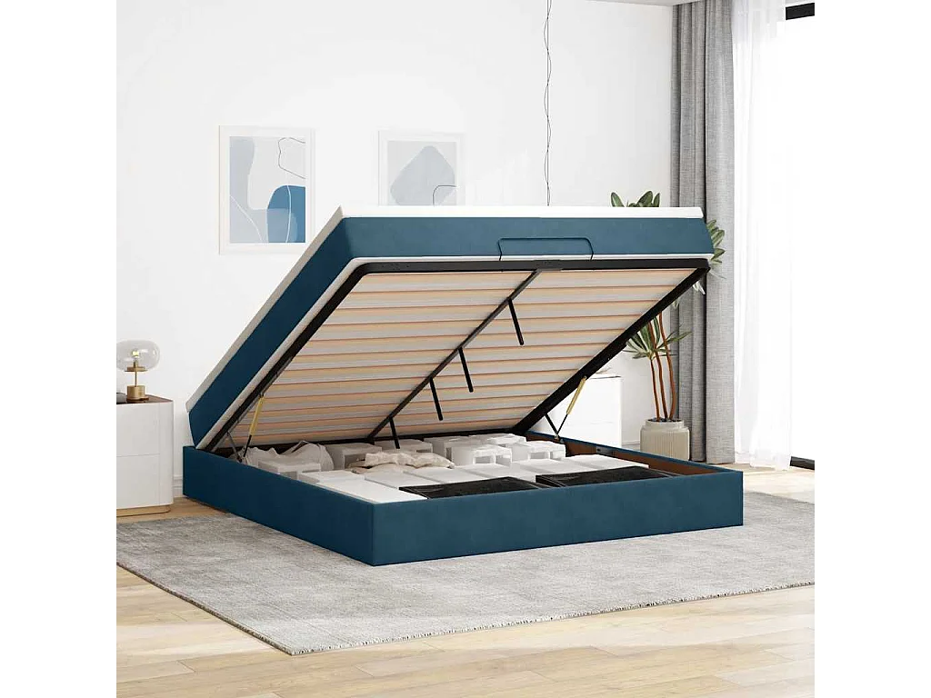 Cadre de lit ottoman avec matelas bleu foncé 160x200 cm velours