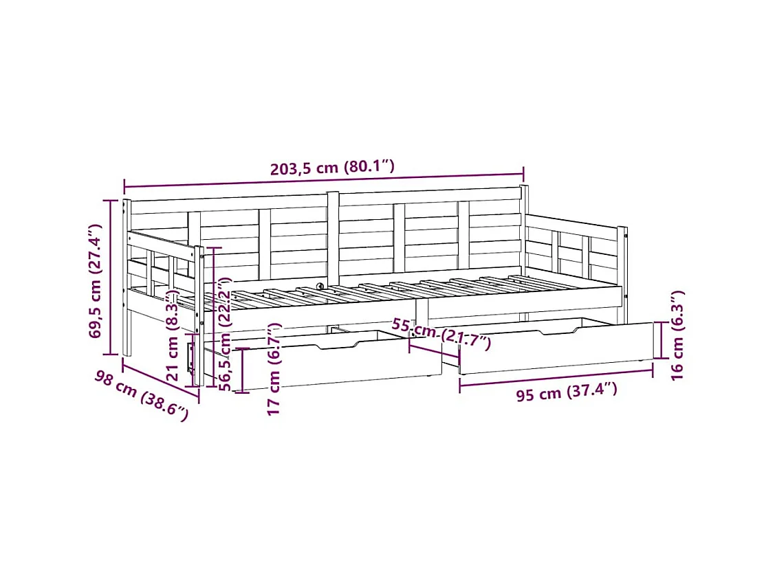 Lit de jour et tiroirs sans matelas blanc 90x200 cm bois massif