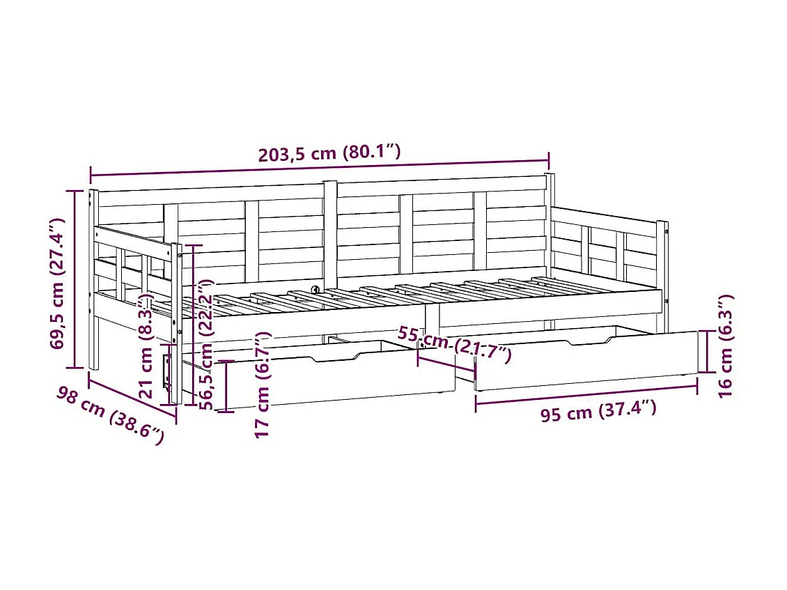 Dormeuse con Cassetti Bianco 90x200 cm Legno Massello di Pino