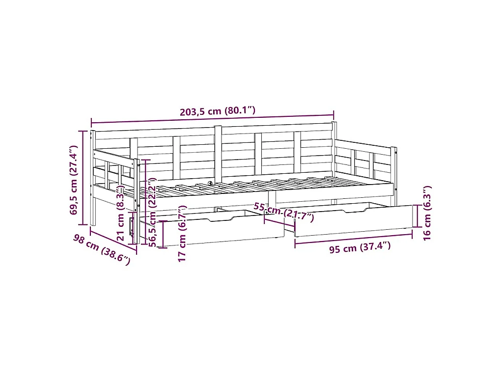 Dormeuse con Cassetti Bianco 90x200 cm Legno Massello di Pino