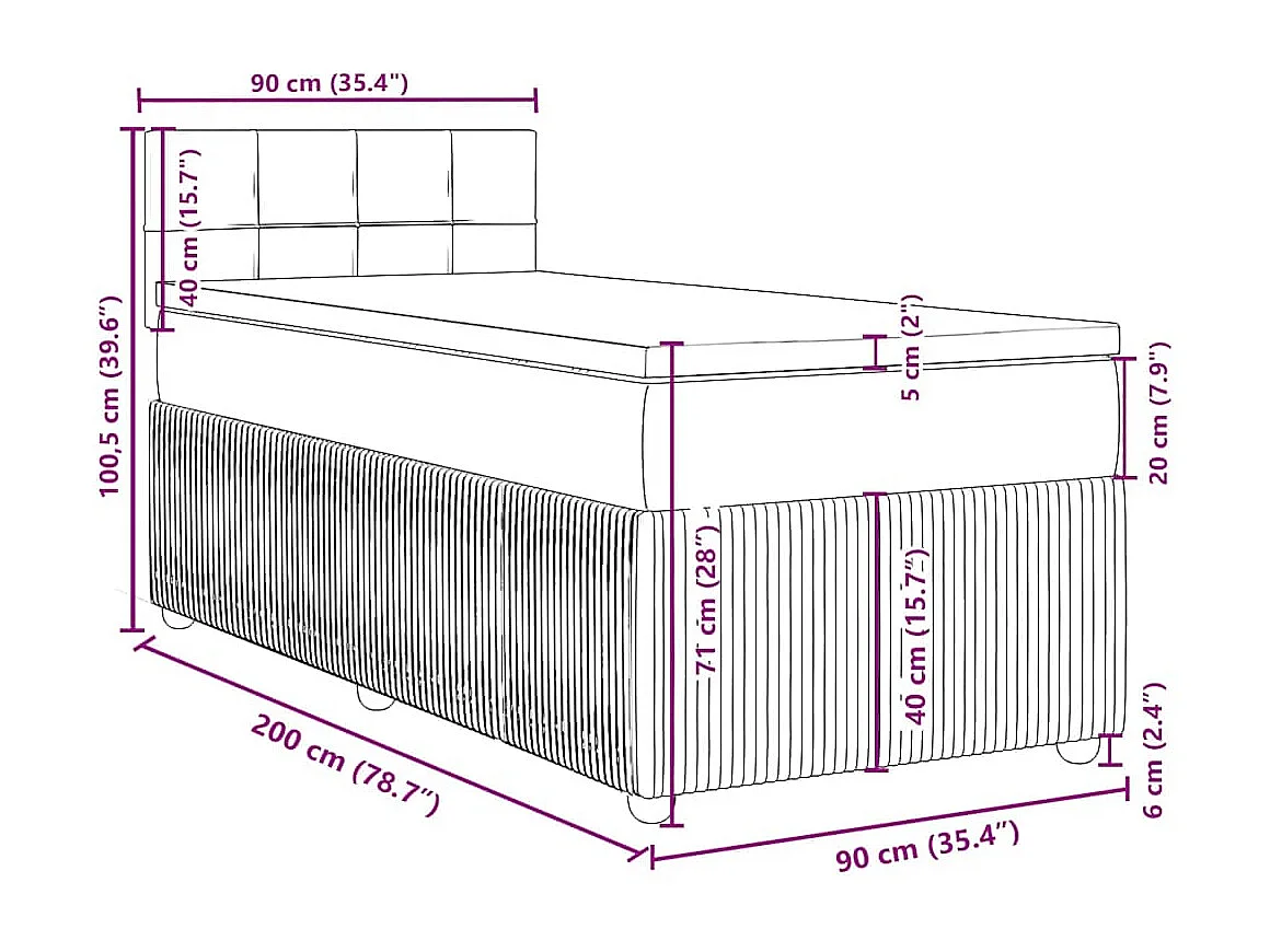 Cama box spring con colchón terciopelo negro 90x200 cm