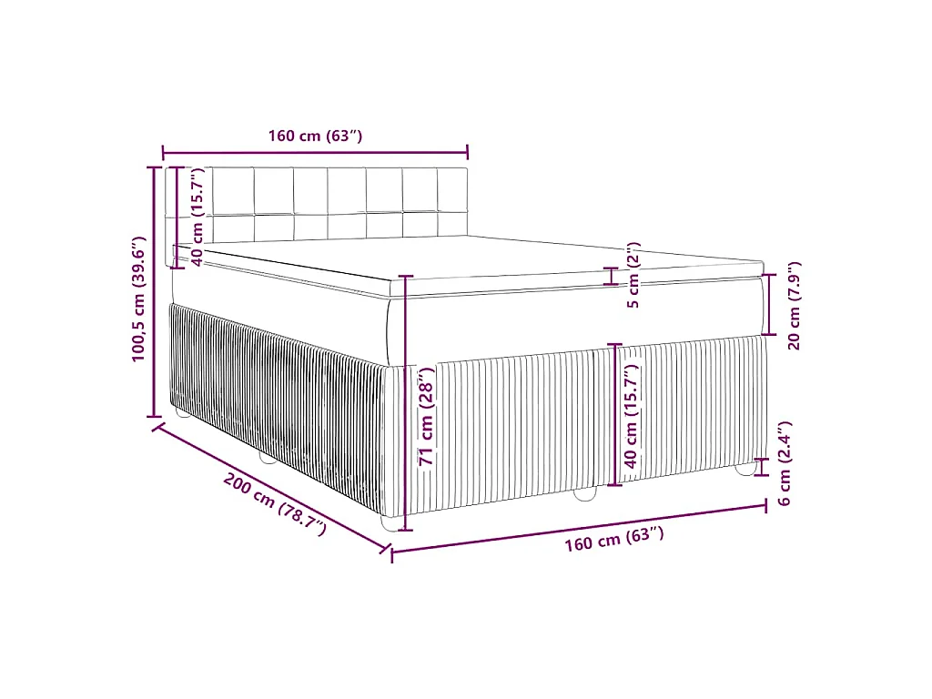 Cama box spring con colchón tela azul 160x200 cm