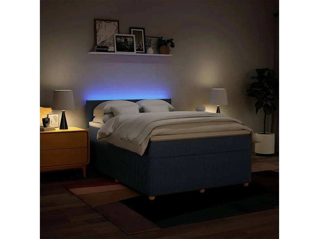Cama box spring con colchón tela azul 160x200 cm