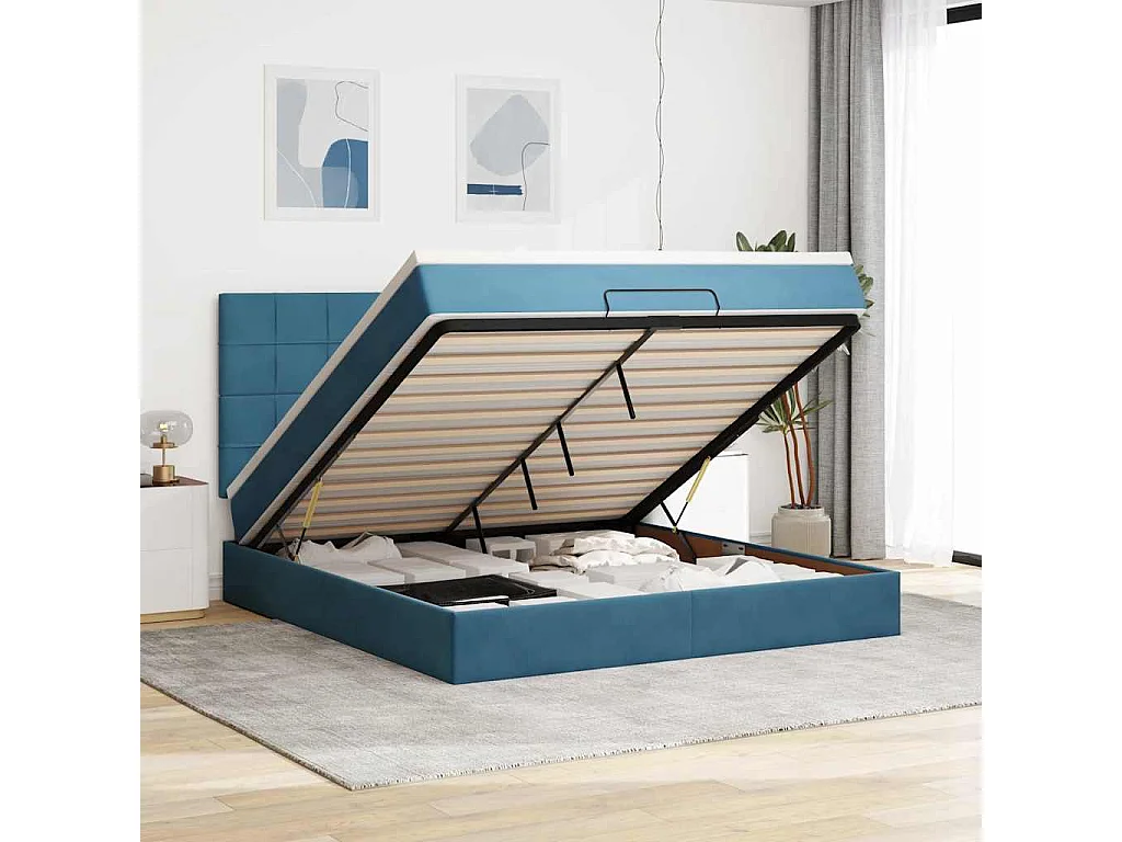 Estrutura de cama otomana com colchão azul escuro veludo