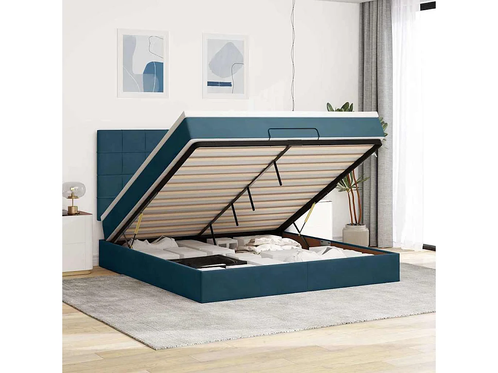 Estructura de cama otomana colchones terciopelo azul oscuro