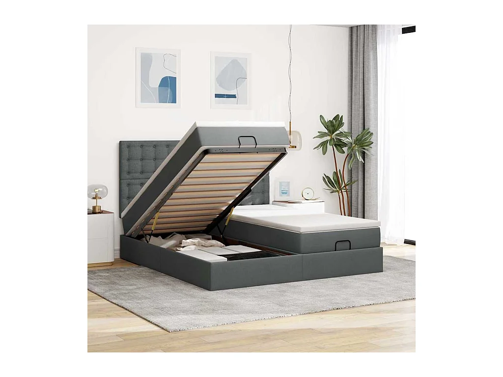 Cadre de lit ottoman avec matelas gris foncé 180x200cm tissu