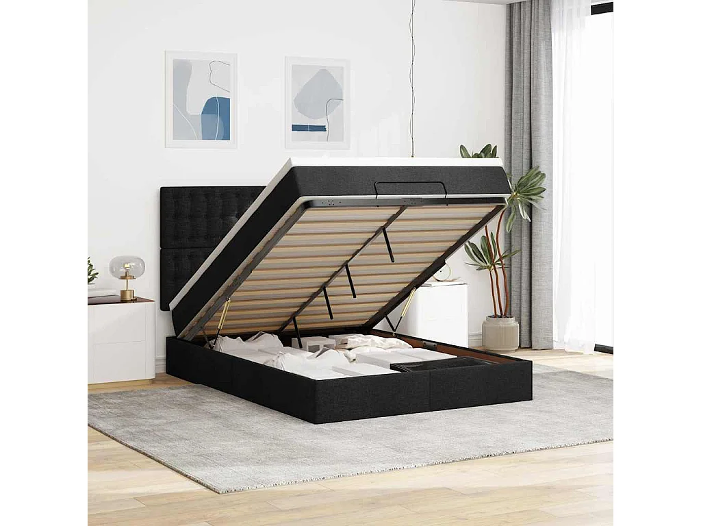 Estrutura de cama otomana com colchão 140x190 cm tecido preto