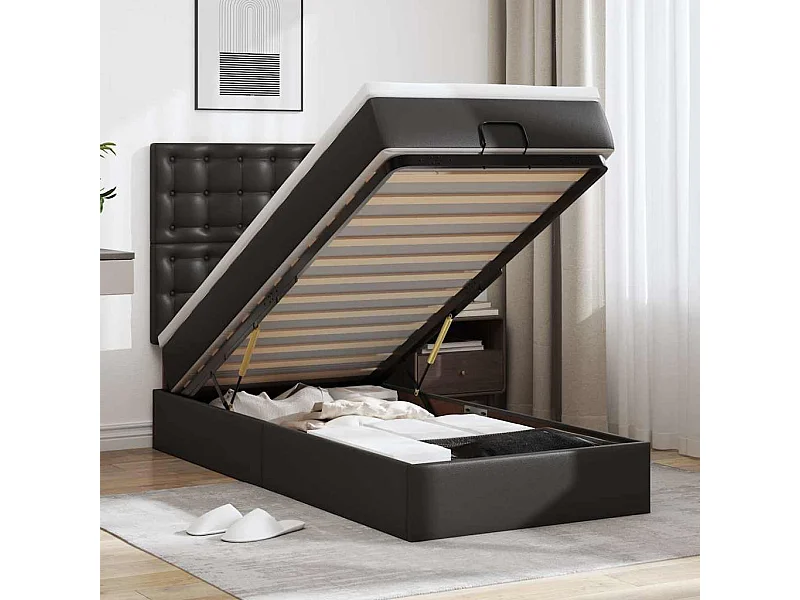 Ottoman-Bett mit Matratze & LEDs Schwarz 90x200 cm Kunstleder