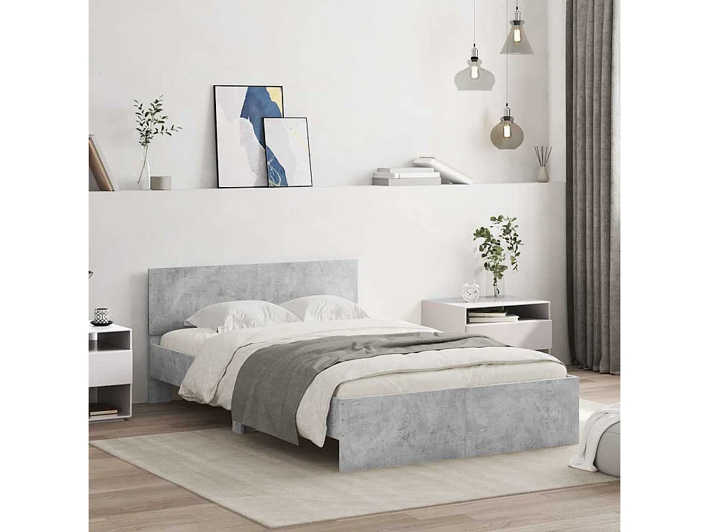 Cadre de lit avec tête de lit et LED gris béton 140x200 cm