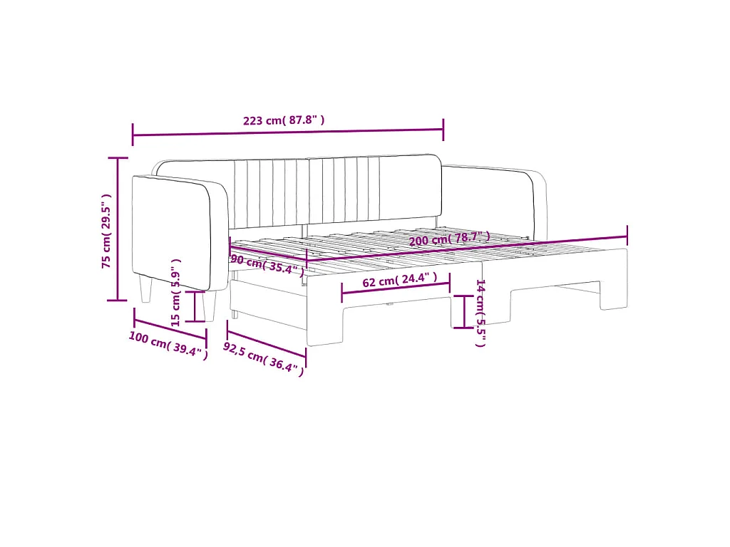 Slaapbank met onderschuifbed 90x200 cm fluweel donkergrijs