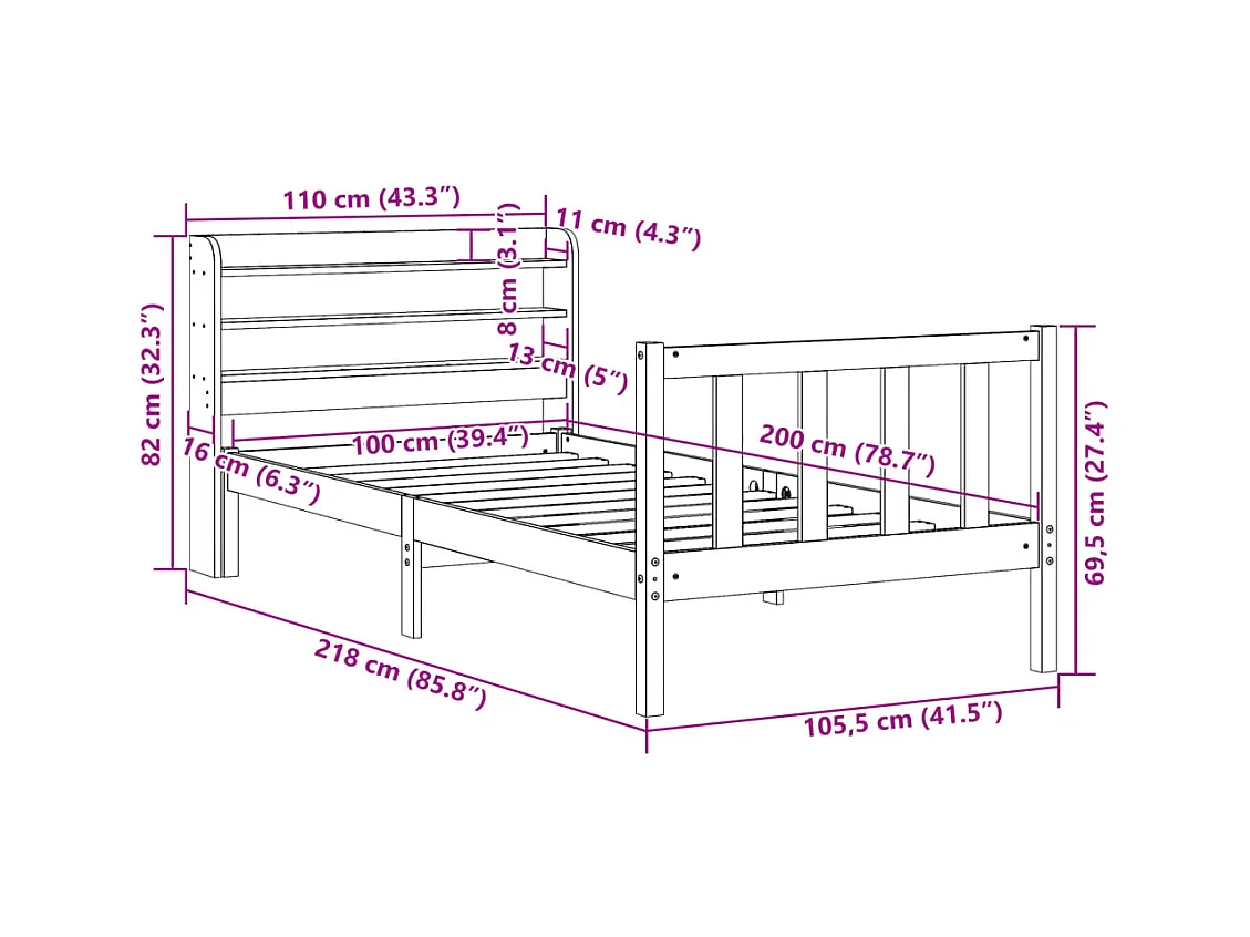 Cadre de lit sans matelas 100x200 cm bois massif de pin