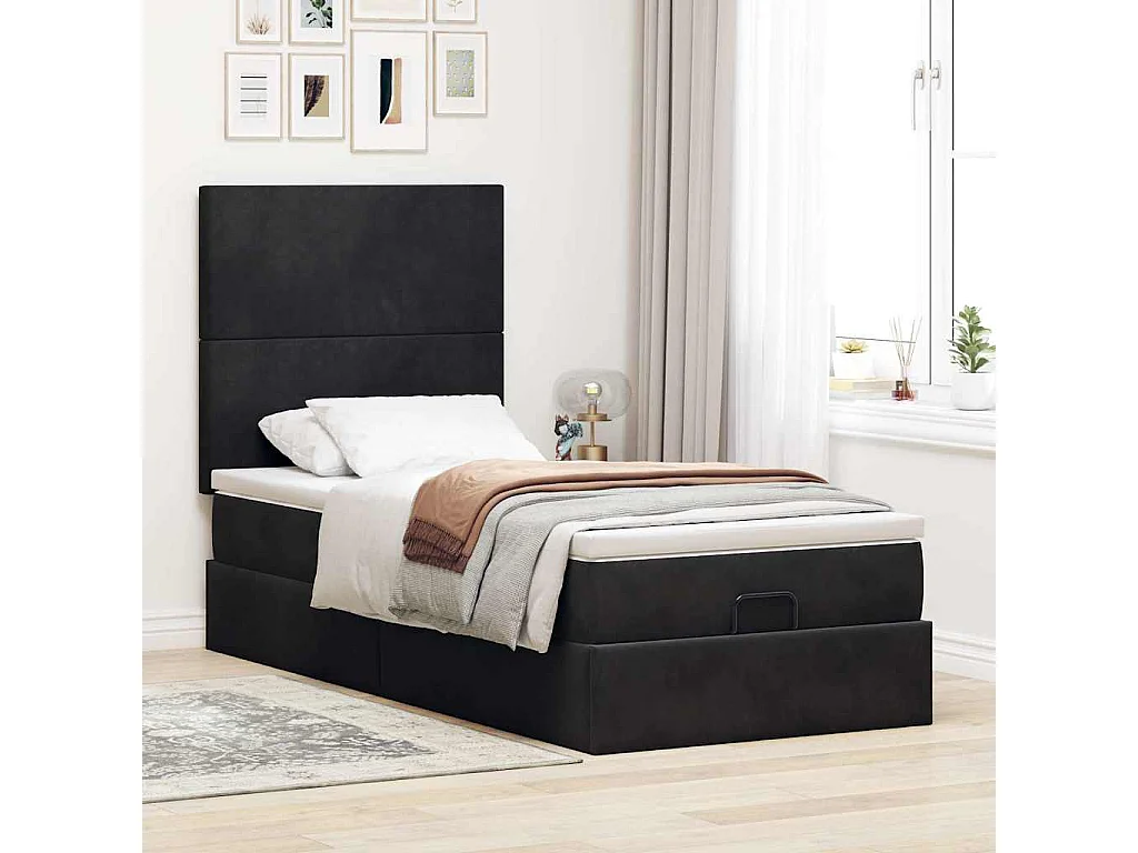 Estructura cama otomana colchones terciopelo negro 90x200 cm