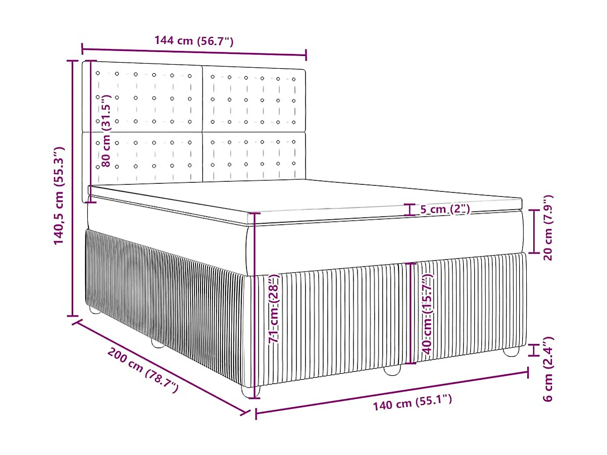 Cama box spring con colchón terciopelo gris claro 140x200 cm