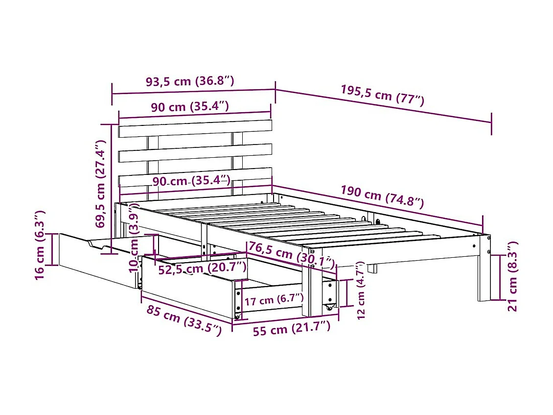Massivholzbett mit Schubladen Weiß 90x190 cm Kiefer