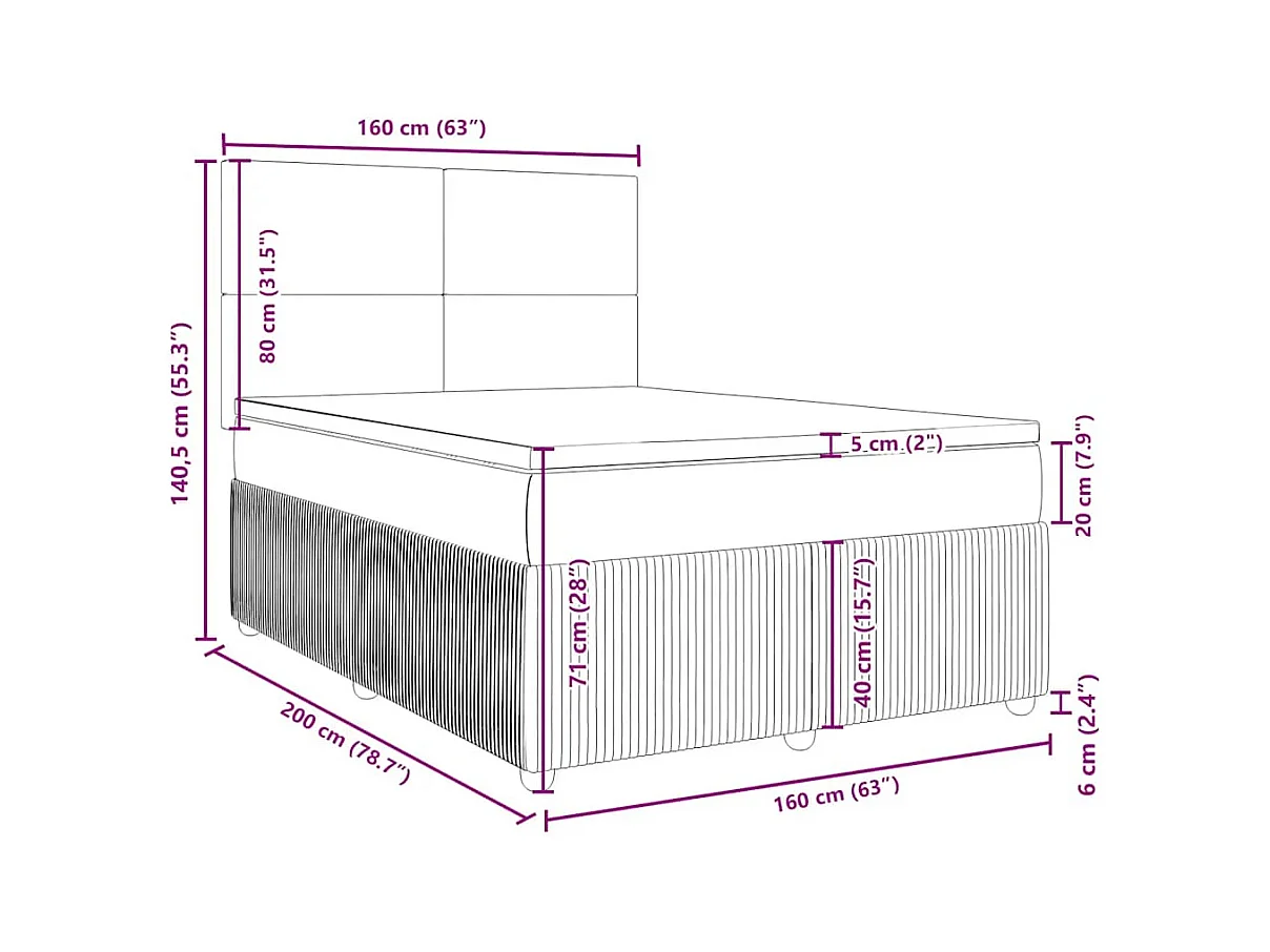 Sommier à lattes de lit et matelas Gris foncé 160x200cm Velours
