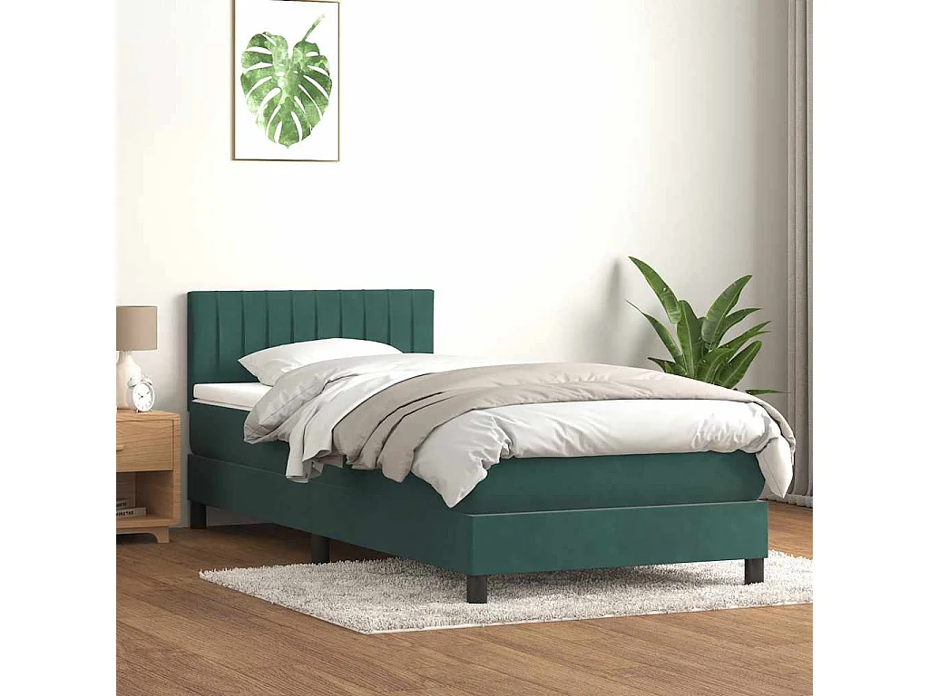Cama box spring c/ colchão e LED 90x220 cm veludo verde-escuro