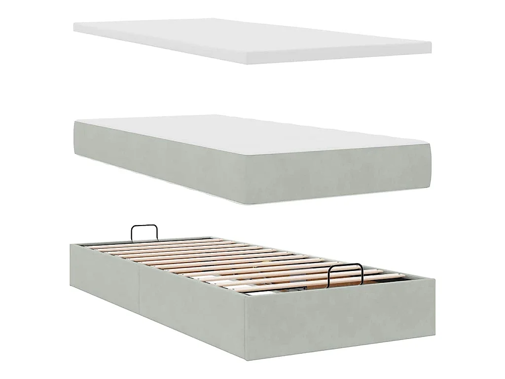 Estructura cama otomana colchón terciopelo gris claro 90x200cm