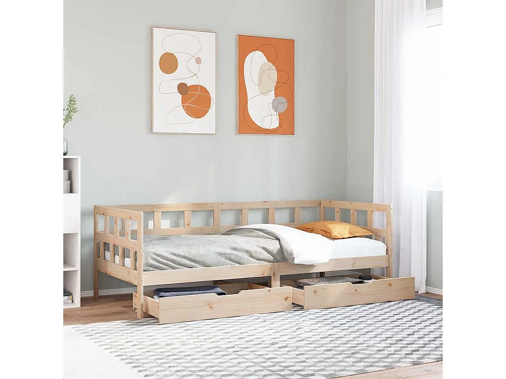 Sofá cama con cajones madera maciza de pino 90x190 cm