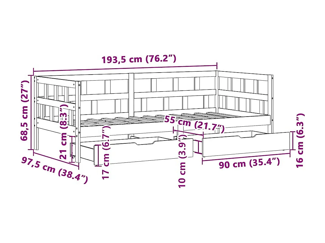 Lit de jour avec tiroirs sans matelas 90x190 cm bois massif