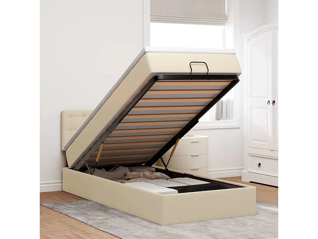 Ottomane Bett mit Matratze & LEDs Creme 90x200 cm Stoff