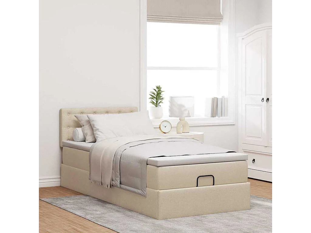 Pouf Letto con Materasso e LED Crema 90x200 cm in Tessuto