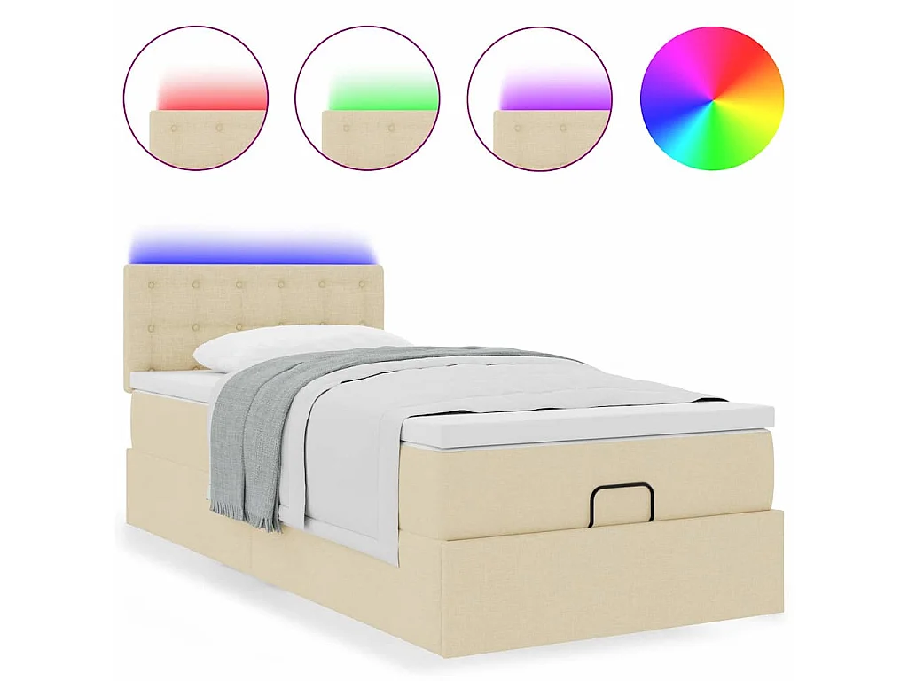 Pouf Letto con Materasso e LED Crema 90x200 cm in Tessuto