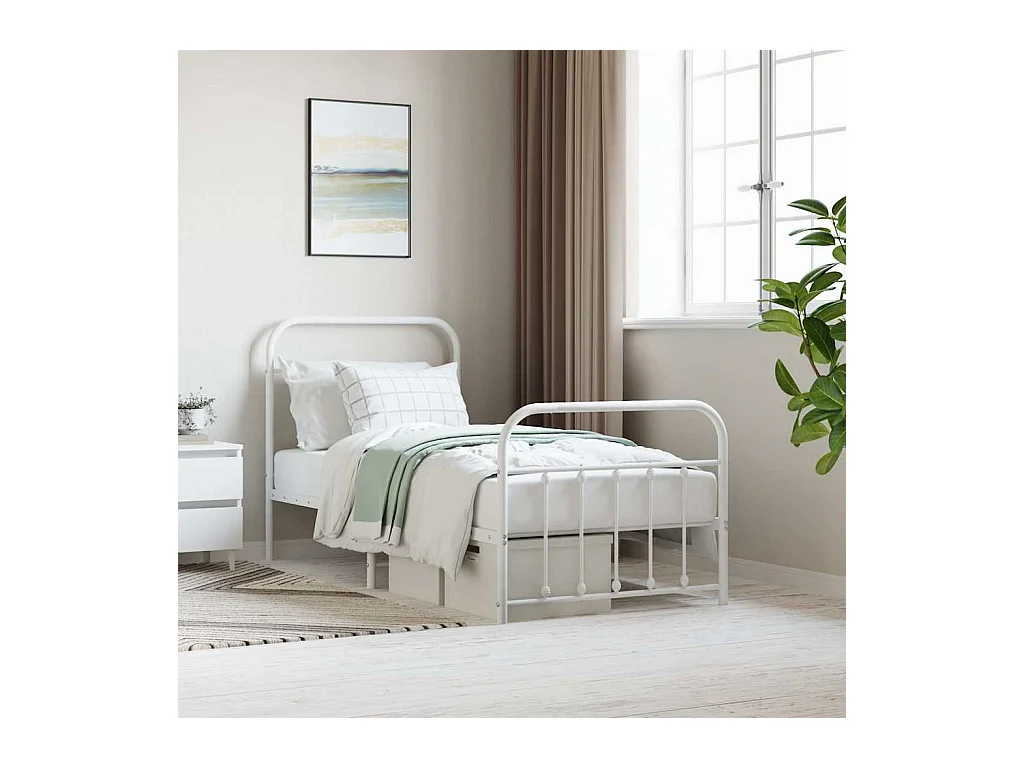 Cadre de lit métal sans matelas avec pied de lit blanc 90x200cm