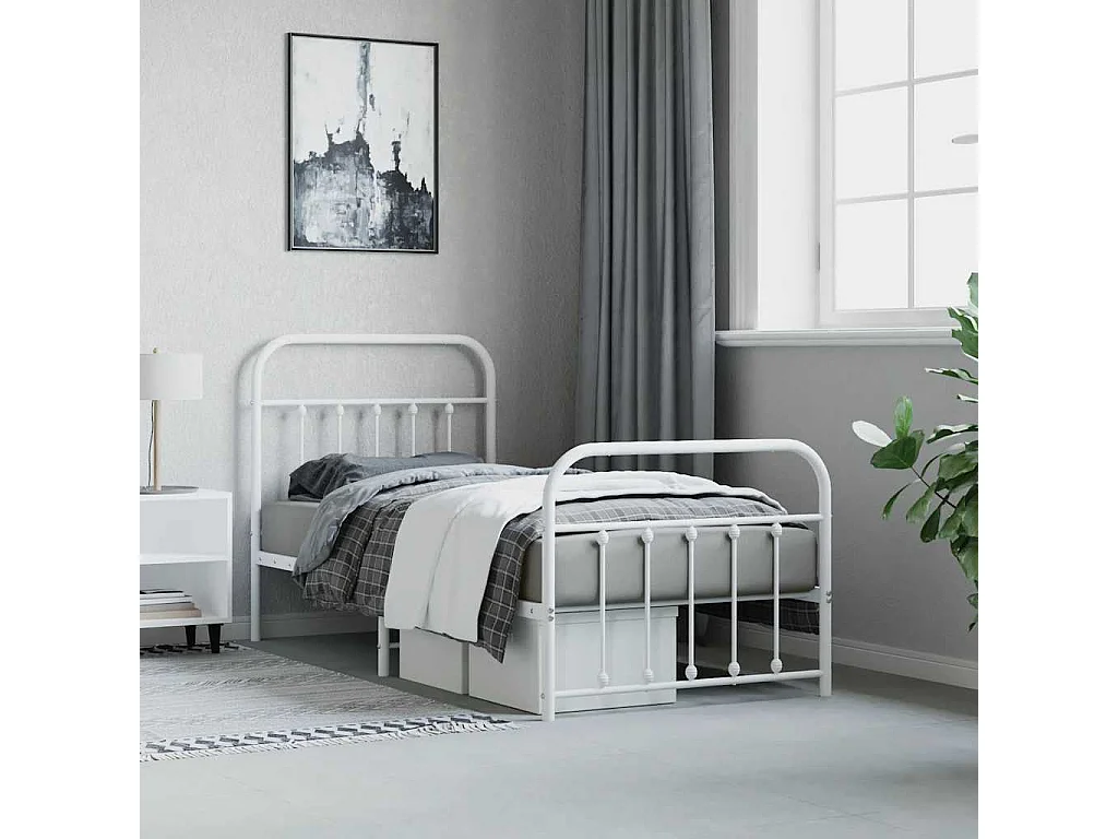 Cadre de lit métal sans matelas avec pied de lit blanc 90x200cm